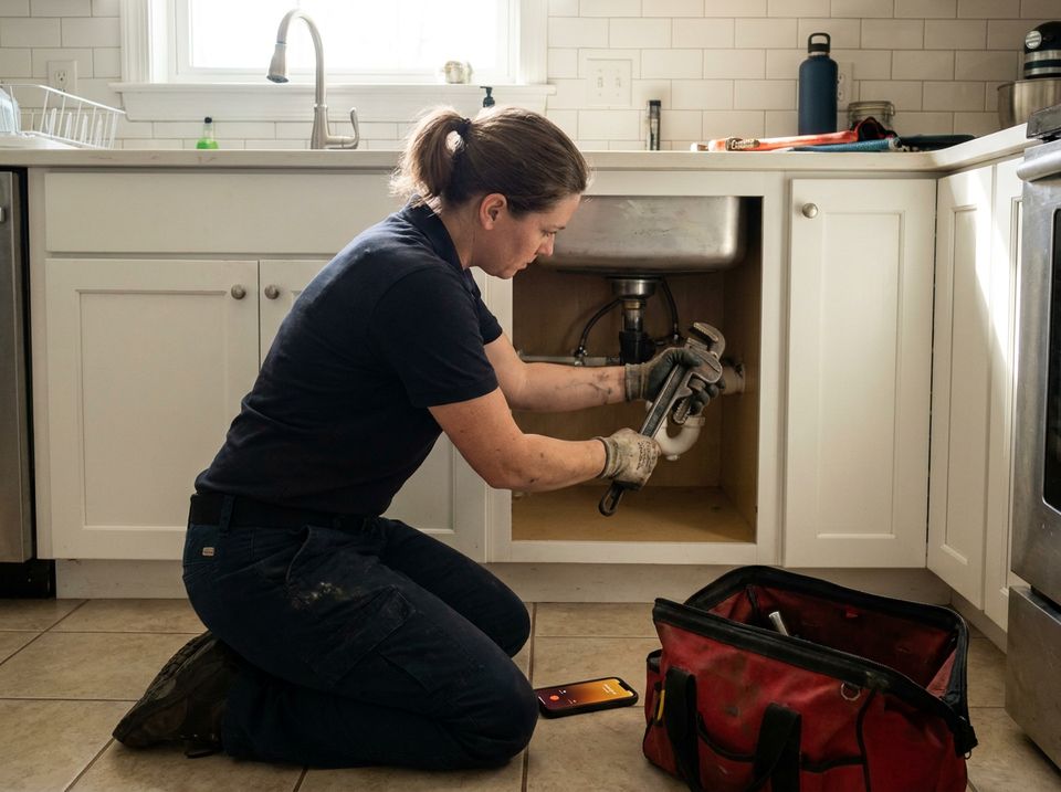 A plumber working under a sink while her phone rings on the floor