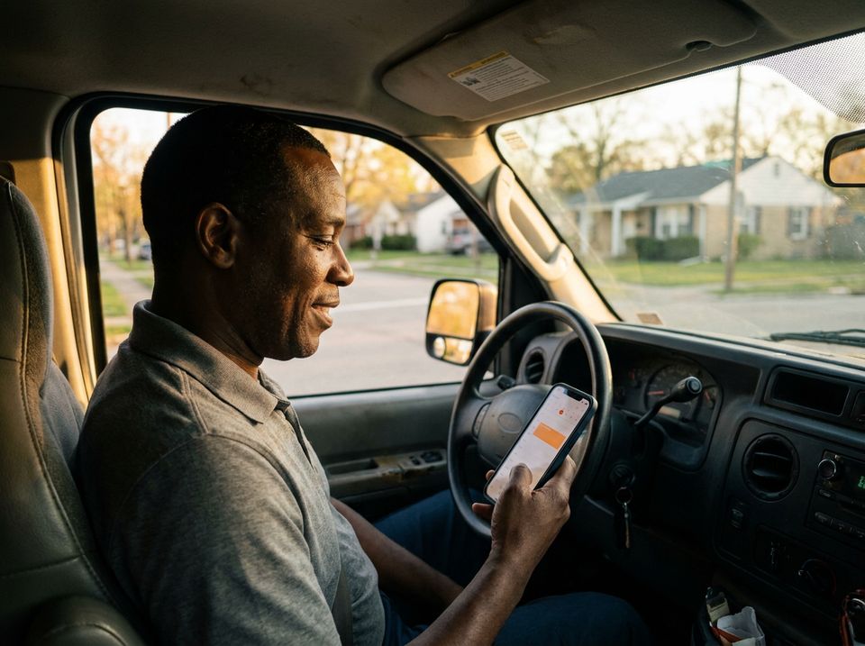 An HVAC technician in a work van smiling at a booked appointment on his phone