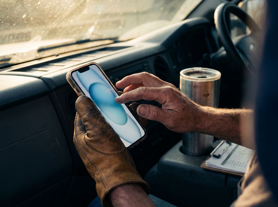 A contractor's gloved hand setting up call forwarding on a phone in a truck